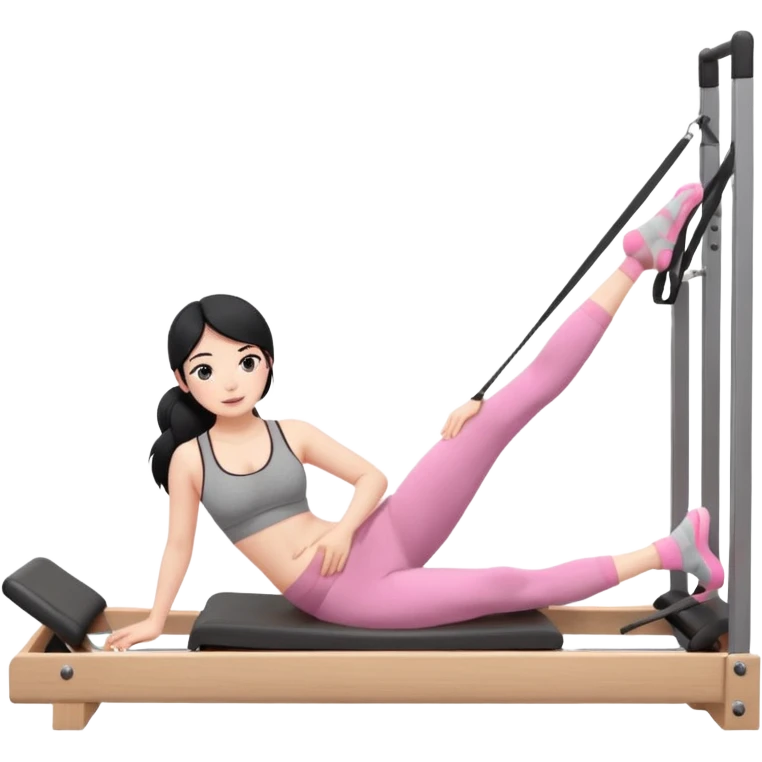 Create a Pilates emoji: a girl with fair skin and black hair, wearing a grey bra and grey leggings with pink pilates socks, doing sitted stomach massage on a wooden reformer and not looking at the camera. Make the colors neutrals. emoji