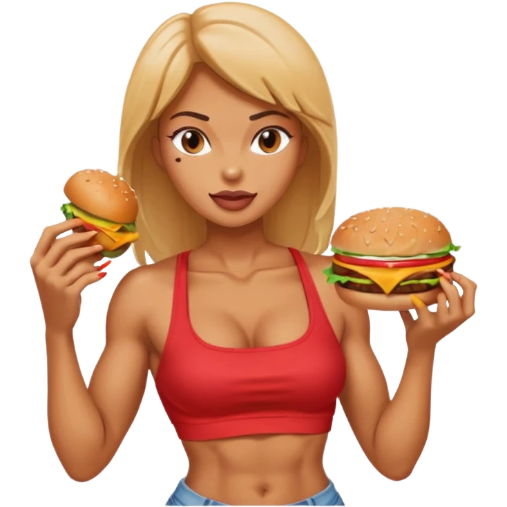 strong lean woman with visible strong abs eating a burger emoji