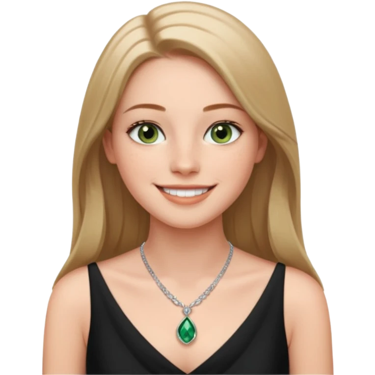 confident CEO named Freya McOmish, smiling, hazel green eyes, straight long hair parted in the middle, subtle freckles, broad shoulders, wearing a black evening dress emoji
