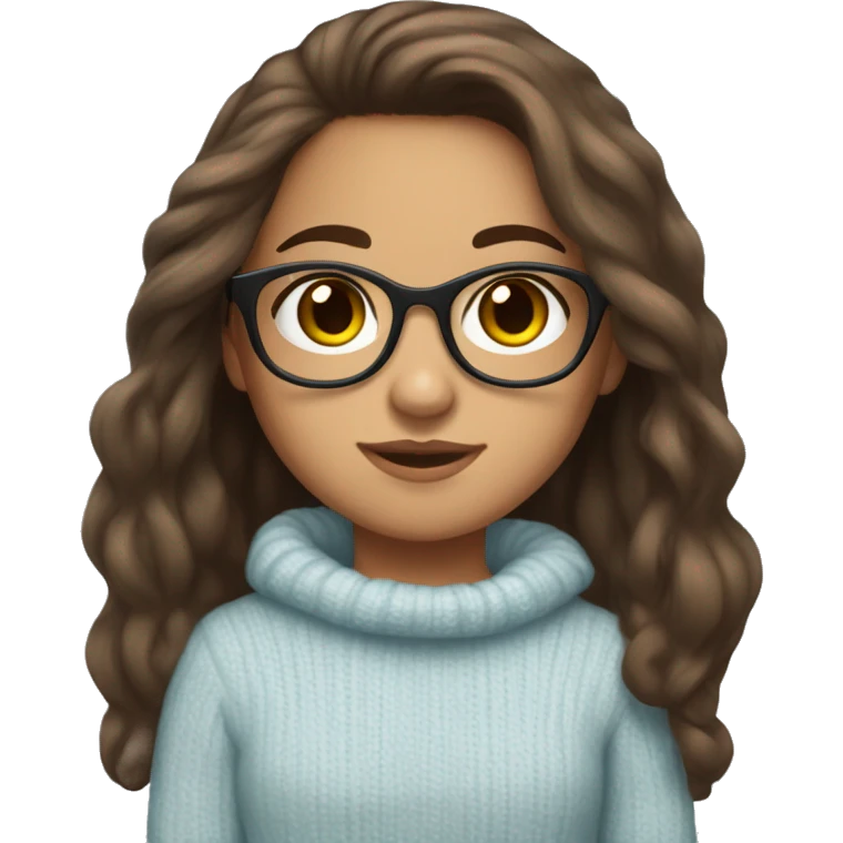 hispanic girl, long brown hair, brown eyes, full body, glasses, young, light blue winter sweater emoji
