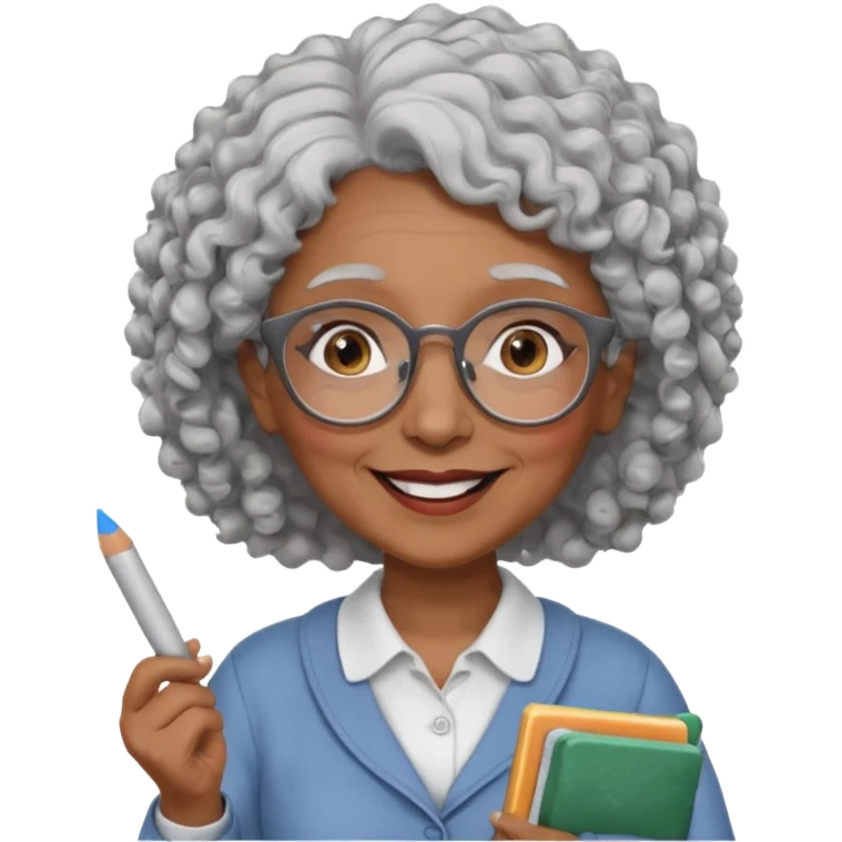 old woman teacher, brown skin, curly grey white hai, wearing glasses, hold chalk on hand emoji