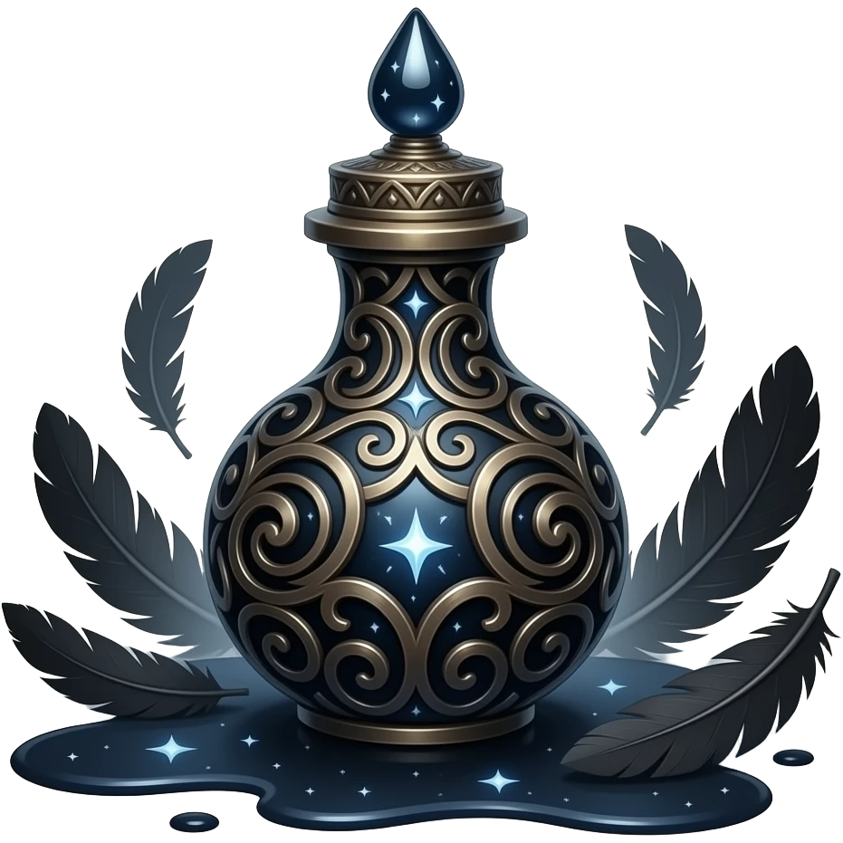 an obsidian scribe’s vial, forged in swirling dusk‑metal filigree, crowned with a teardrop seal, ink pooling like shadowed starlight around black fallen feathers, resting upon a silent dark plane, radiating the quiet gravity of forgotten words emoji
