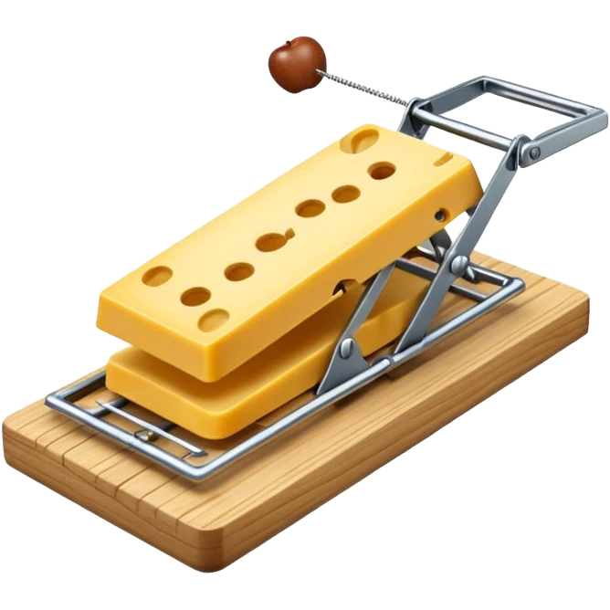 A 3D emoji in iOS emoji aesthetic style of a classic mousetrap with a wooden base and a metal spring mechanism, holding a small piece of yellow cheese, clean and detailed design, white background, glossy Apple-style rendering emoji