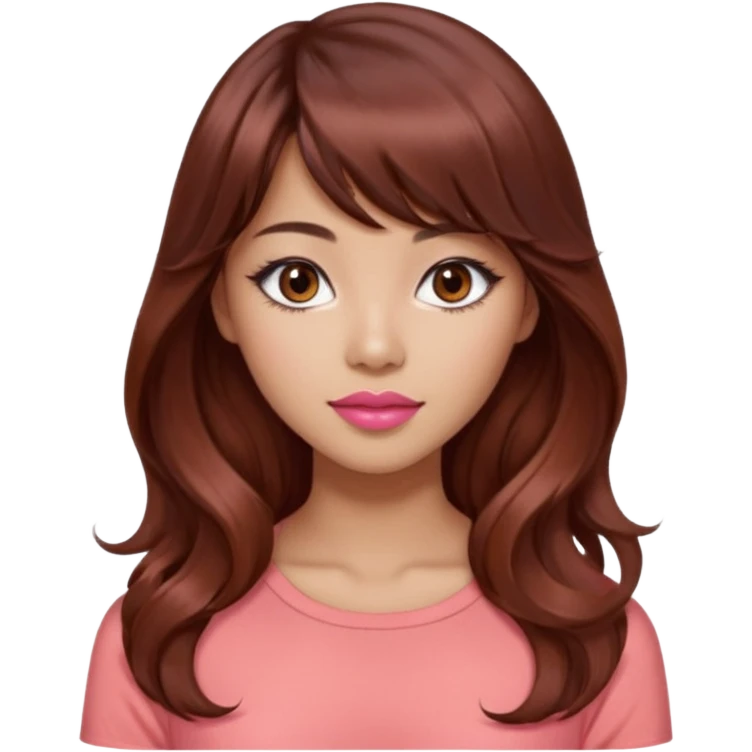 gorgeous woman, light tan skin, dark brown eyes, very long wavy auburn hair, bangs, pink top, coral lipstick, cool, model, mixed asian and latina emoji