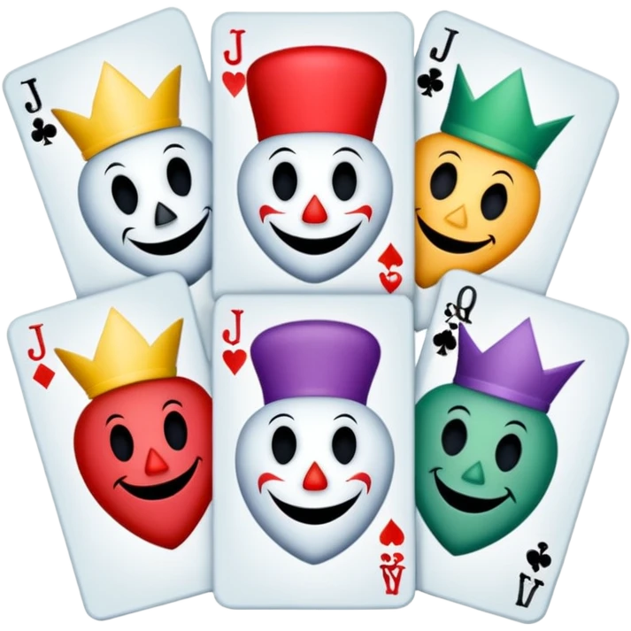 bunch of 3 poker cards, with crazy colorful human jolly jokers inside, inversed face, cuphead style emoji