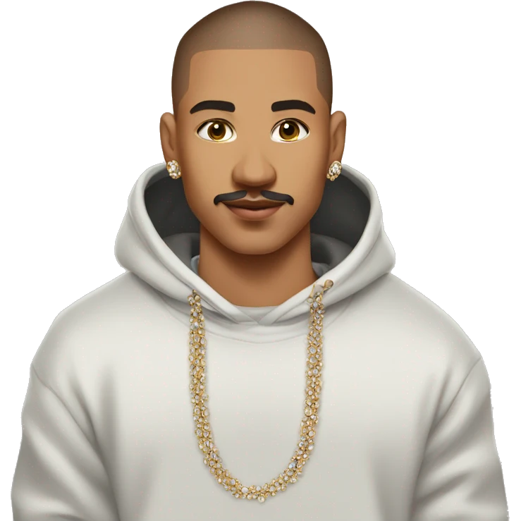 brown middle short buzzcut haired, 25 years old tanned boy with mustache wearing streetstyle hoodie and diamond chain emoji