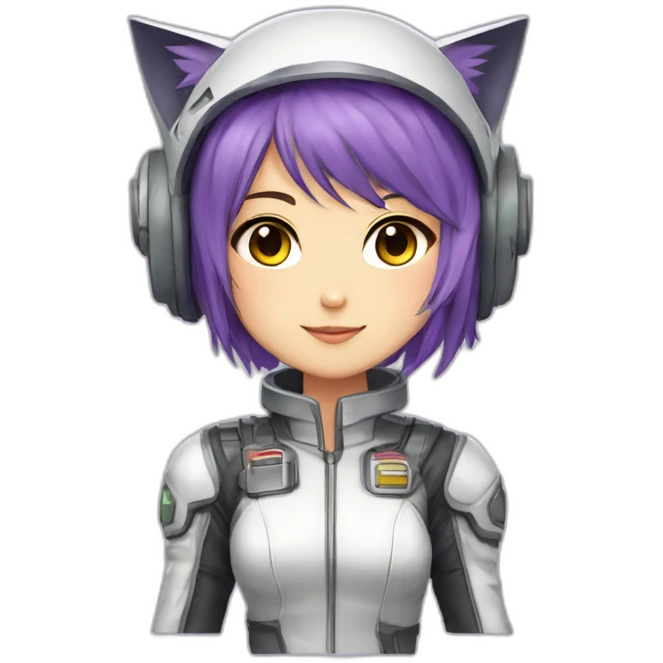 Jean Faymas Jets Anime mech pilot girl with short straight purple hair white pilot suit and short metal cat ears emoji