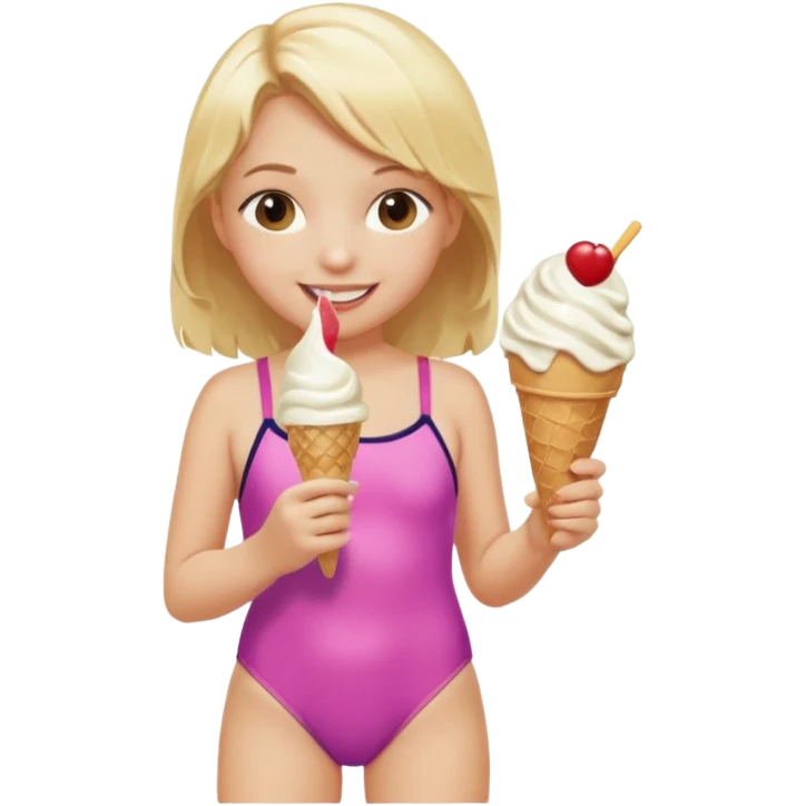 girl kid blone haired swimsuit, eating ice cream, sun emoji