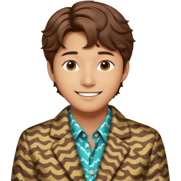 Design a Korean male idol with wavy brown hair, patterned jacket & cheerful smile, inspired by V of BTS. emoji