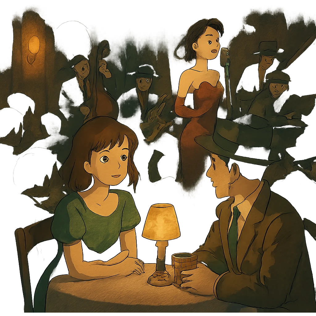1940s jazz nightclub scene, ghibli style, moody lighting, no text emoji