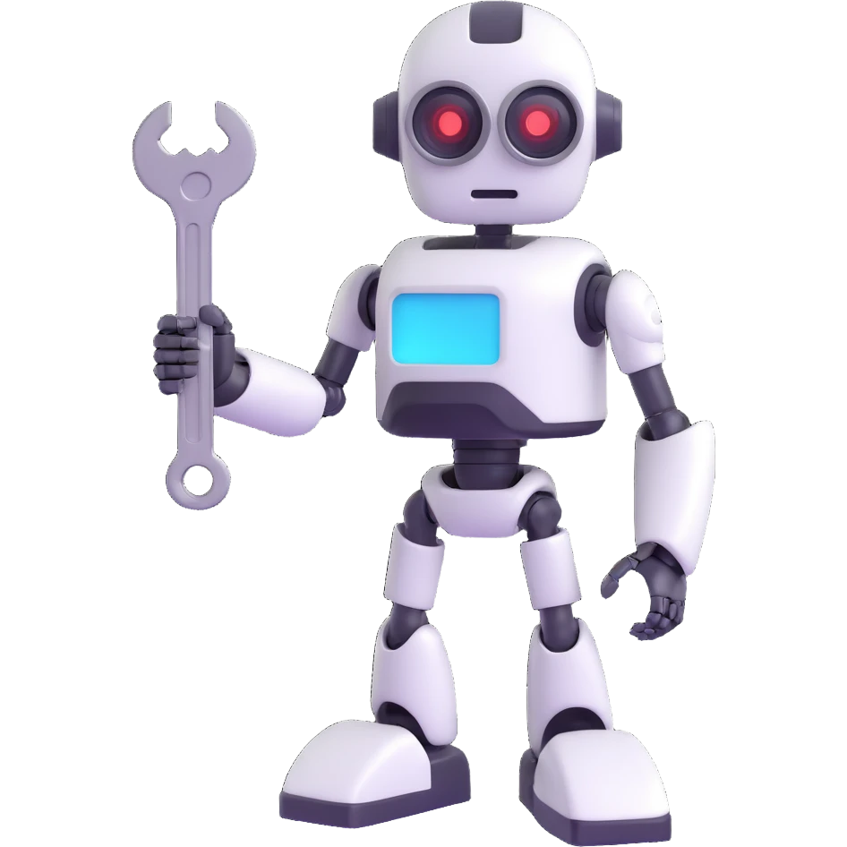 A 3D robot with a broken arm, holding a wrench, with a sad face emoji