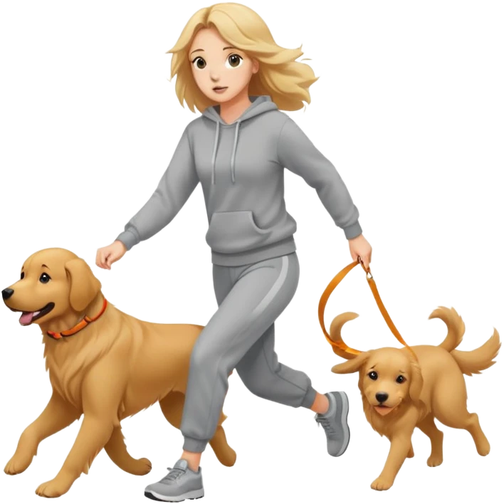 A beautiful girl with fair skin wearing a sweatshirt and sweatpants chasing a dog emoji