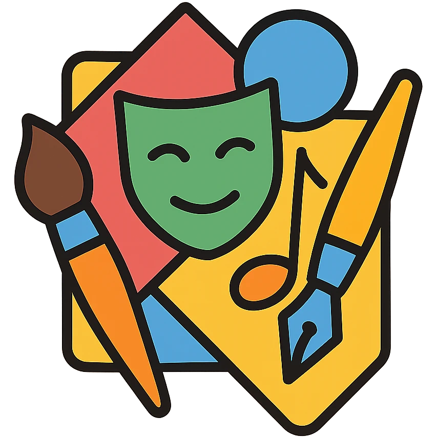 Geometric shape with layered icons: brush, mask, note, and pen – artistry in all forms emoji