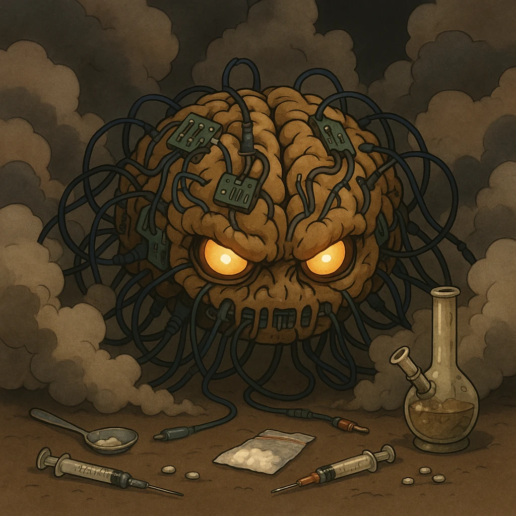 a menacing AI brain with wires and circuits, eyes glowing, surrounded by clouds of smoke and scattered drug paraphernalia, ghibli-inspired style emoji