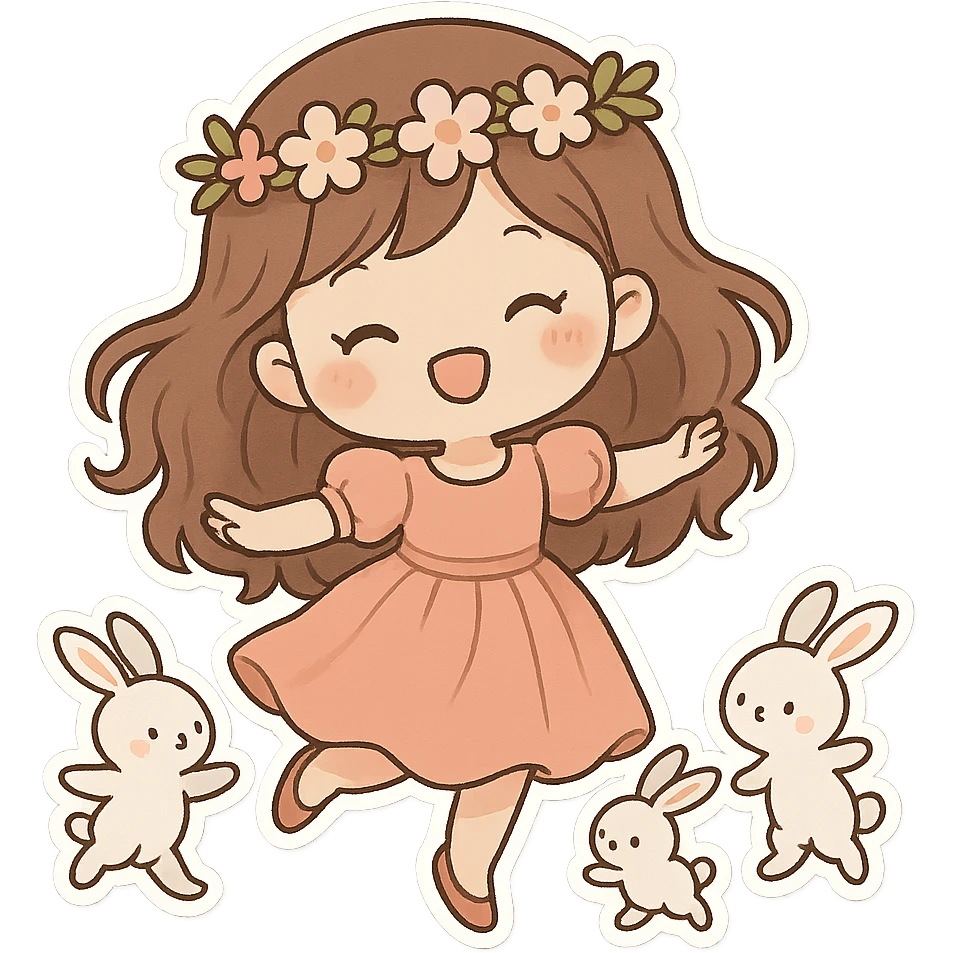 一个可爱的小女孩，穿着漂亮的裙子，头顶戴着花环，正在和几只小兔子跳舞 emoji