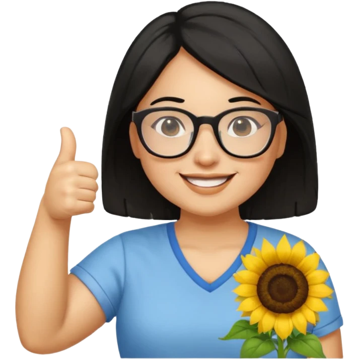 Make my biology teacher shes light brown, wears glasses, female, fat, sunflower shirt under and make her give 1 thumbs up and she has black hair and chubby emoji