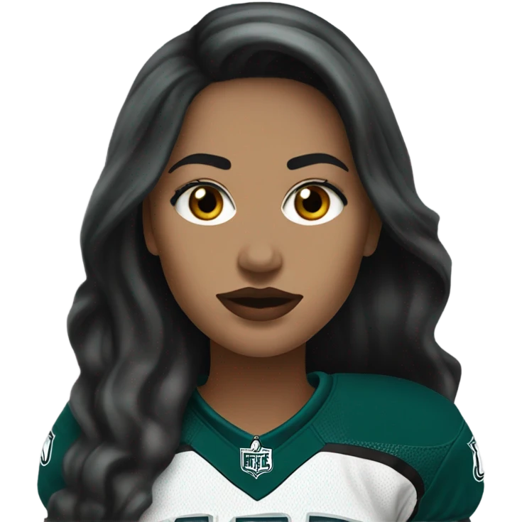 White female long dark hair red lips wearing Philadelphia Eagles jersey emoji