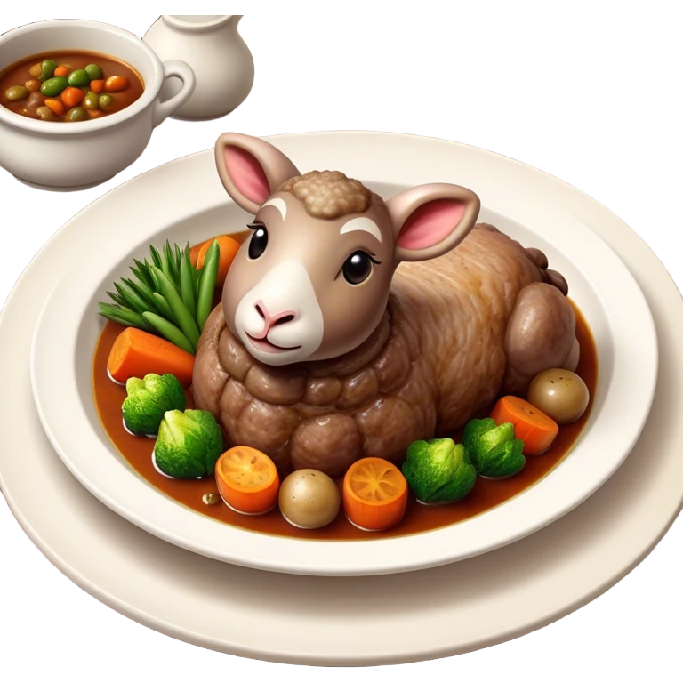 Cinematic Realistic Roast Lamb Dish Emoji, depicted with tender, succulent lamb roasted to perfection and served with seasonal vegetables, rendered with rich textures and inviting warm lighting that captures its traditional heritage. emoji