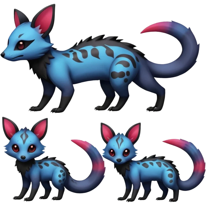 Rare realistic exotic cute gothic colorful Salandit-Eevee-Civet-species-Fakemon-hybrid-creature, with markings, full body emoji