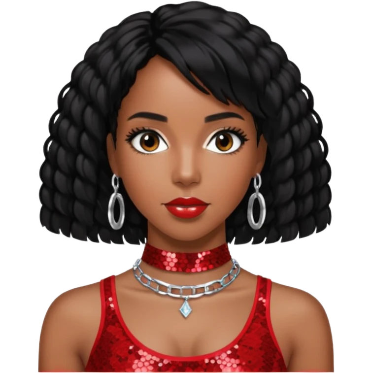 Kelly Rowland with black hair, red sequin crop top and neck bracelet emoji
