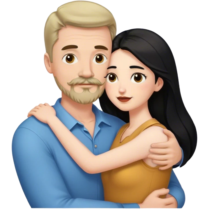 Tall white man with brown mustache and goatee hugging a short pale woman with long black hair emoji