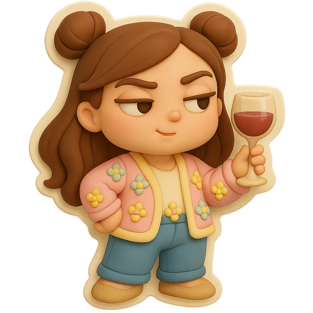 3D chibi fondant cake art style, high-quality rendering with smooth shadows and soft gradients. Girl based on reference image with preserved facial features and eye shape, long brown hair in two space buns, brown eyes, jeans, pastel floral cardigan, shoes, thick white outline like a sticker, transparent background. Expression: Holding a wine glass, acting fancy and superior. Ensure the face, hairstyle, eye shape, and shoes match the reference exactly. emoji