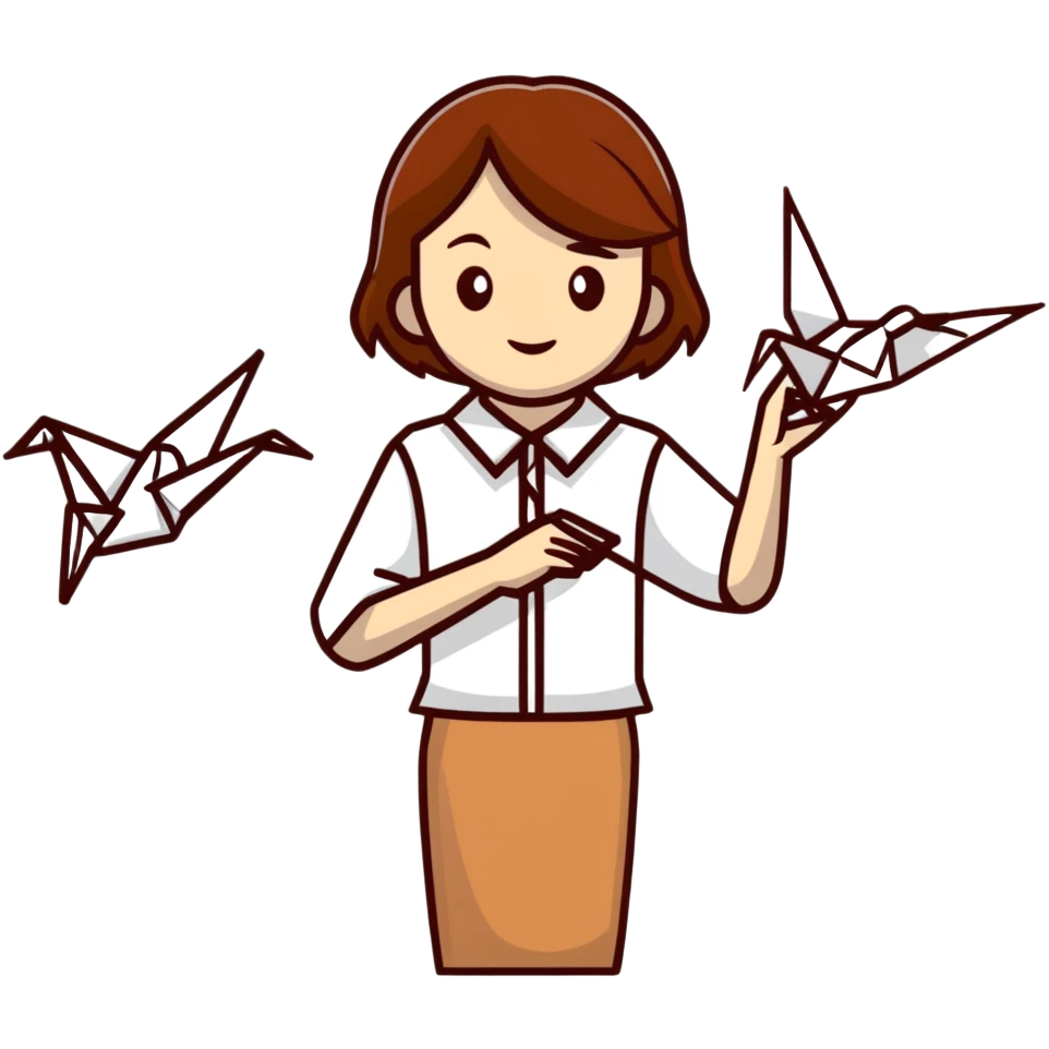 A happy Ukrainian young girl with brown hair in a white embroidered shirt makes an origami of a yellow and blue crane emoji