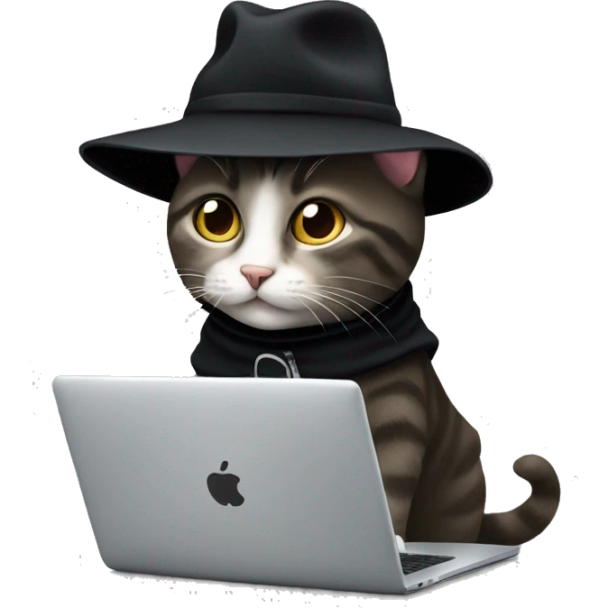Cat using laptop wearing hat and black coat emoji