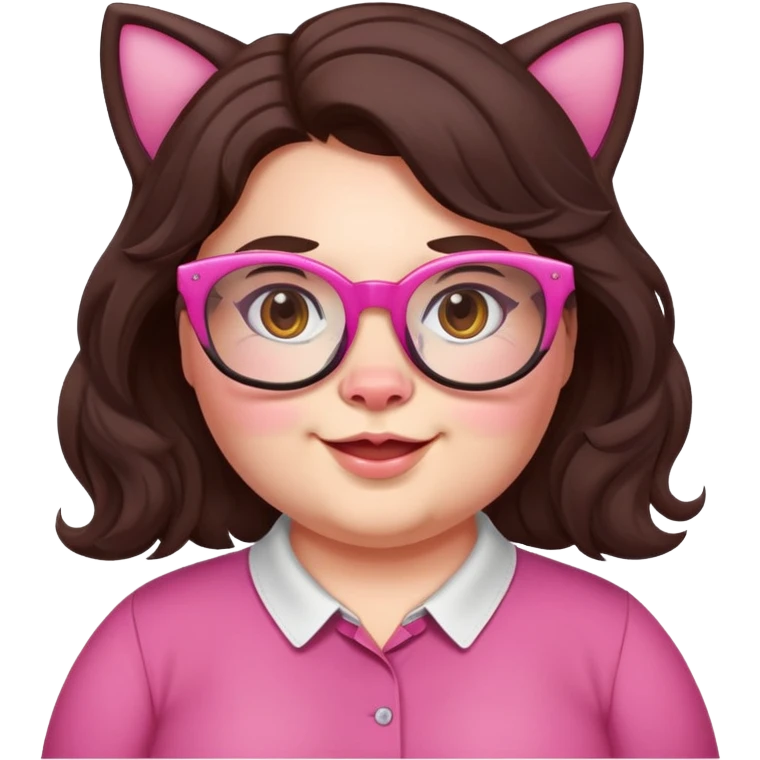 chubby English teacher face, pink cat glasses, wavy long dark brown hair, cheerful, slight gamer touch emoji
