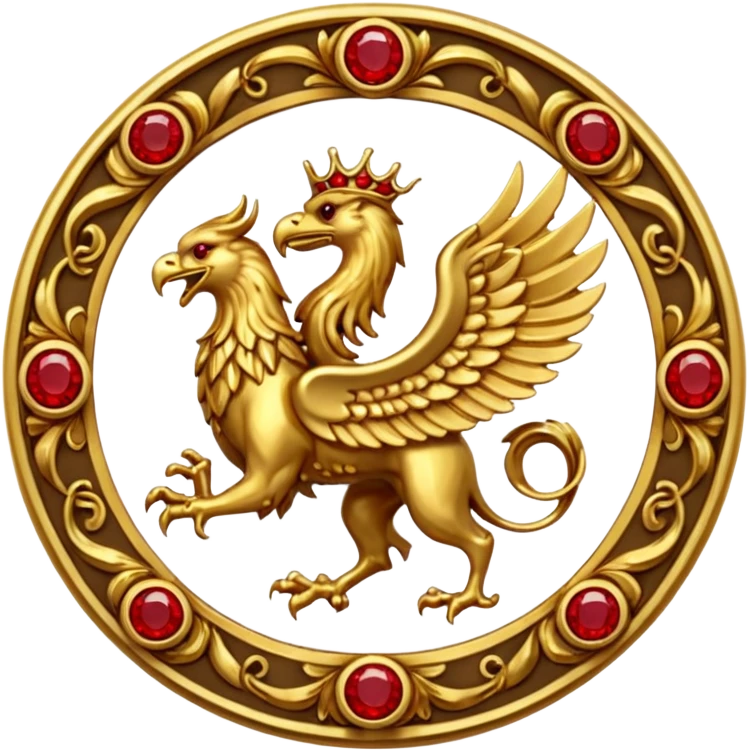 Golden griffin crest / brosch in a circle with red gems and no background emoji