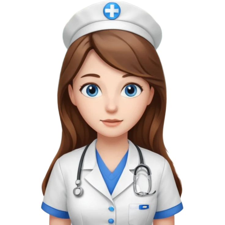 pretty female nursing student with long brown hair, blue eyes inside a classroom at university emoji