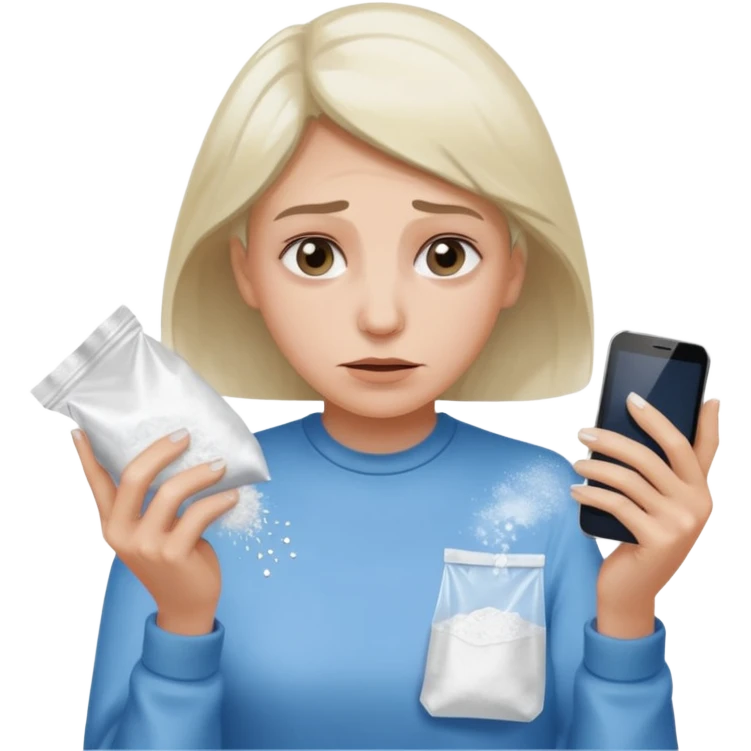 she's anxious , has a transparent tiny pastic bag full of white powder, and her phone in the other hand emoji