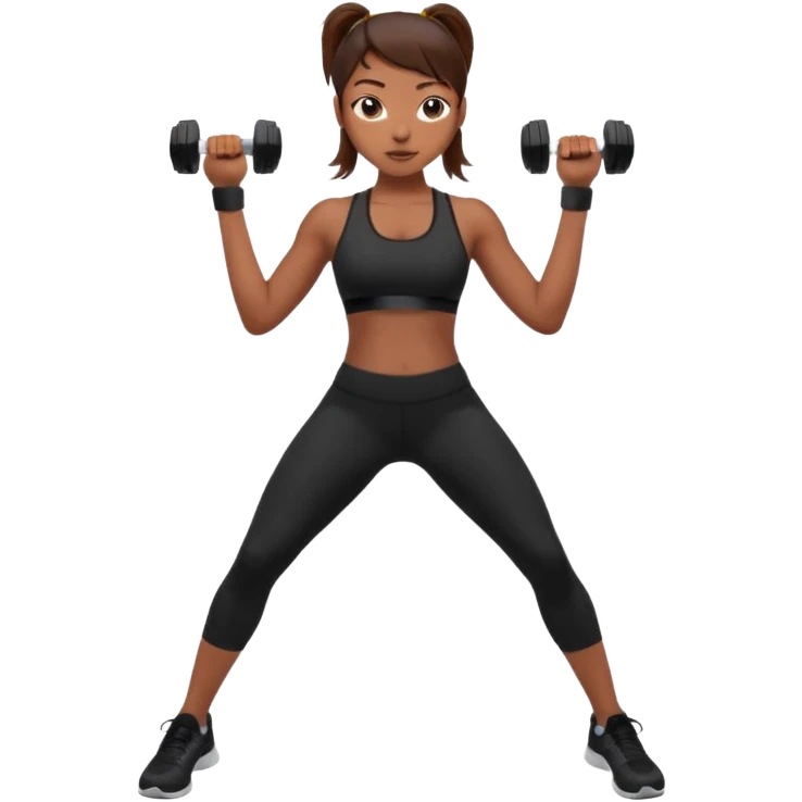 beautiful girl with brown hairs in sport wear in her hands is dumbbells emoji