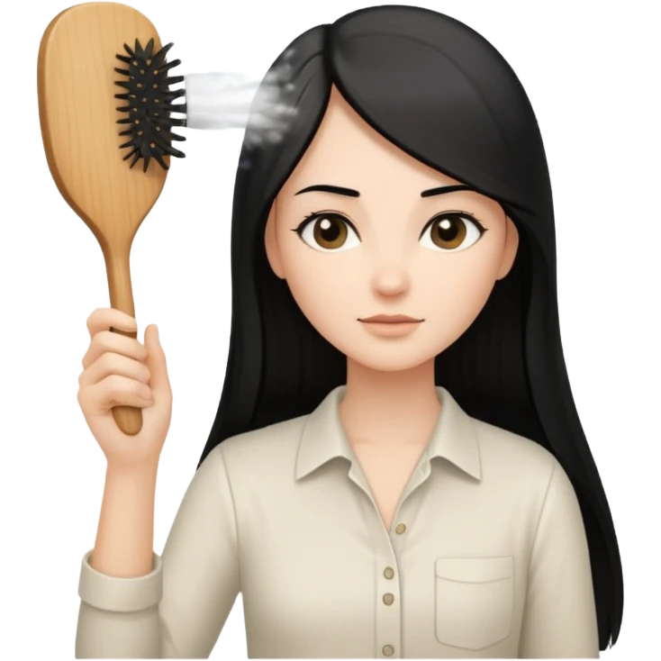 A white woman with long, straight black hair, wearing an ivory-colored shirt, holding a small square wooden paddle hairbrush in her left hand and spraying a hair mist bottle with her right hand toward her hair. emoji