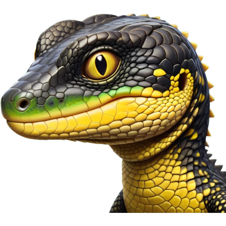 cinematic-realistic-cute-monitor-lizard-portrait-emoji,-head-tilted-playfully-and-inquisitively,-featuring-a-compact,-agile-body-with-finely-detailed,-glossy-scales-in-earthy-black and yellow-hues-and-a-distinct,-alert-face-with-bright,-curious-eyes, black , yellow spotted and green band  scales emoji