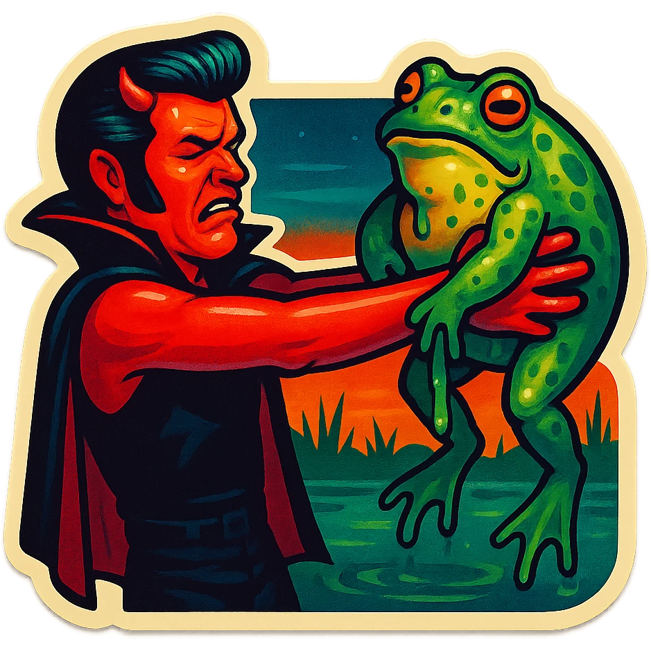 helvis, a demonic figure with a short cape and very tiny horns, holding a giant slimy toad away from himself with both hands and straight arms. His head is turned away from the toad in disgust, cringing but not screaming. Swampy background. Retro sticker style with bold outlines and a vintage sticker look, maintaining helvis's grim and intense vibe. emoji