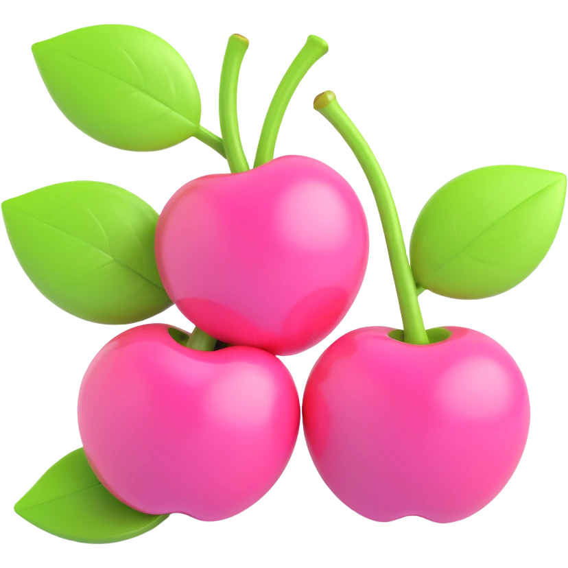 Recreate the image of two pink cherries with green leaves and pink flowers in iOS 3D emoji style, keeping the cute and vibrant look, with a soft 3D effect and glossy highlights. No background. emoji