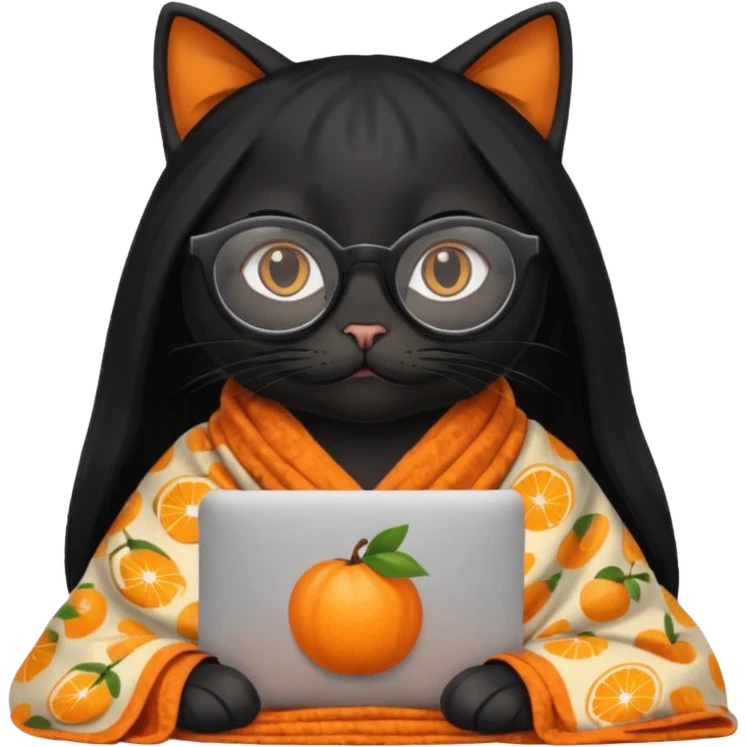A black female cat working on a MacBook, with long, black straight hair, with round frames and thin glasses, and she wears a blanket with an orange fruit pattern emoji