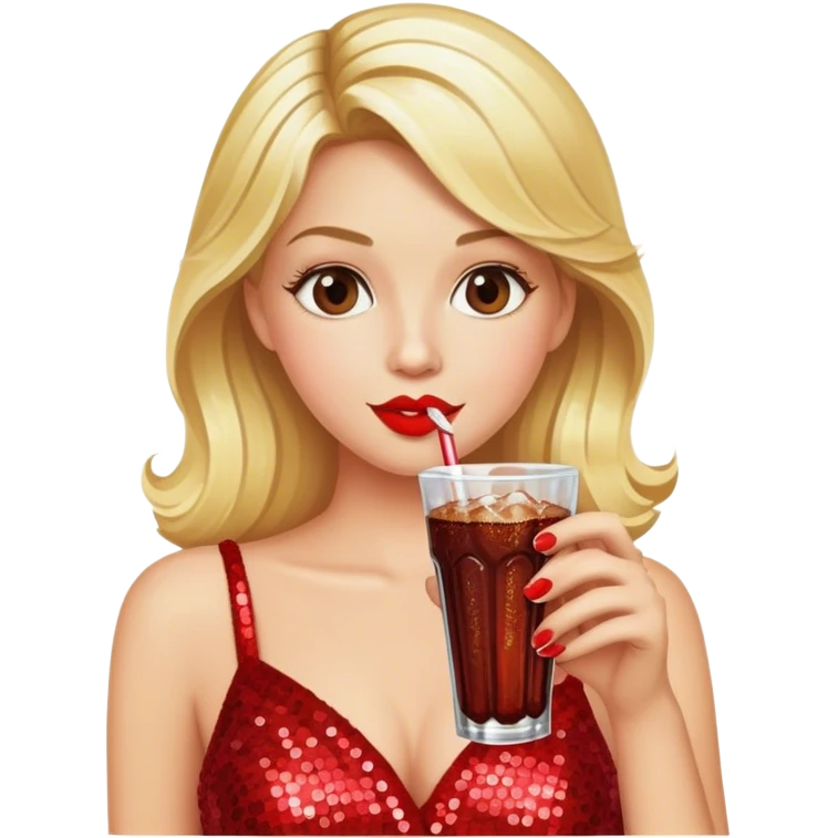 Blonde model wearing red sequin gown sipping diet cola emoji
