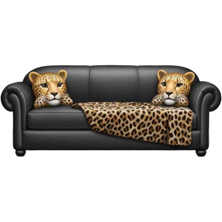 detailed, hyperrealism, still life style, beautiful realistic black leather sofa, with leopard print blanket on the side of sofa, with Grey satin pillows, masterpiece  emoji