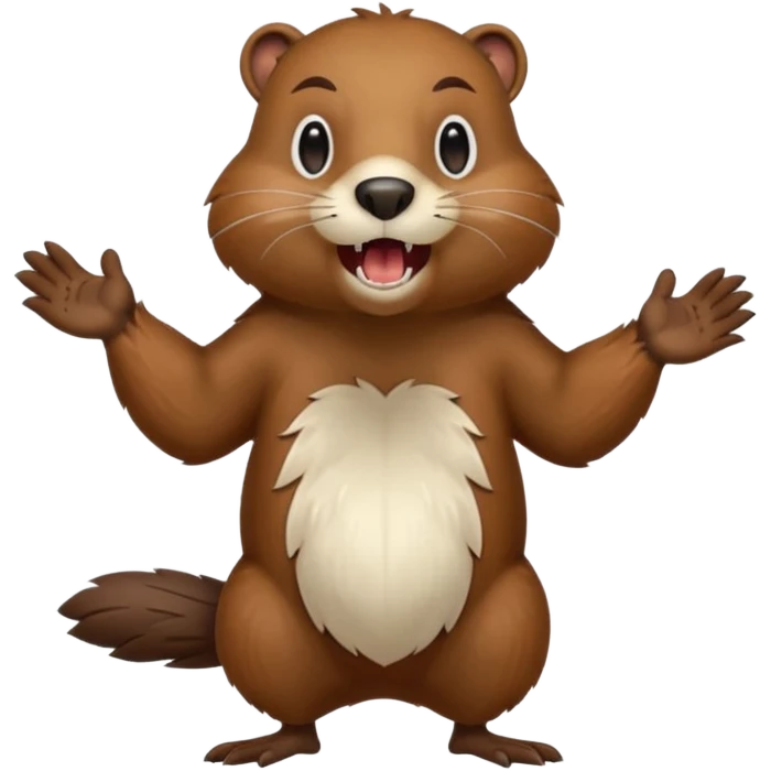  A crazy beaver is standing on its hind legs with its front paws stretched out in front of it. It has a brown fur coat with white fur around its eyes and nose. mouth is open, revealing sharp teeth.  emoji
