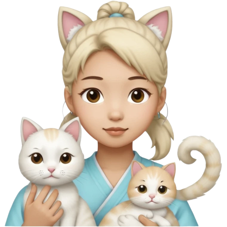 Asian girl with pony tail and whole facial sheet with one  white cat emoji