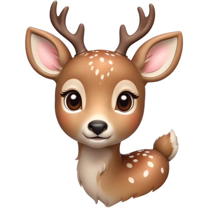 Cinematic Cute Deer Portrait Emoji, Head tilted playfully and inquisitively, showcasing a delicate Fur speckled with subtle white spots and gentle earth tones, round, sparkling eyes filled with curious wonder, Simplified yet irresistibly adorable features, highly detailed, glowing with a warm, friendly glow, high shine, affectionate and graceful, stylized with a touch of woodland whimsy, bright and endearing, soft glowing outline, capturing the essence of a mischievous yet loving fawn, so playful it feels like it could skip out of the screen into your arms! emoji