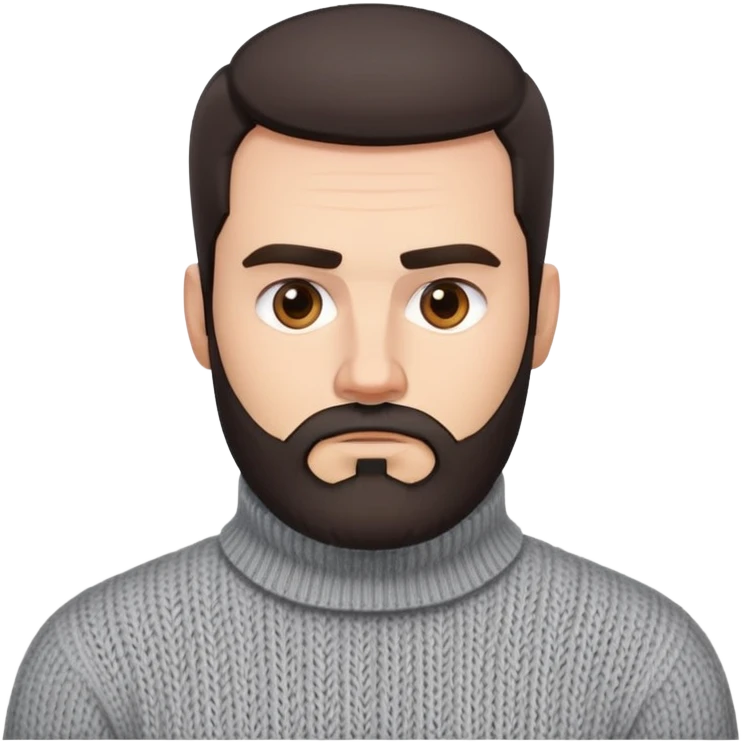 Man with square face, trimmed full beard, thick eyebrows, short dark hair combed back. Serious-neutral expression. Light gray thick knit sweater with folded collar. emoji