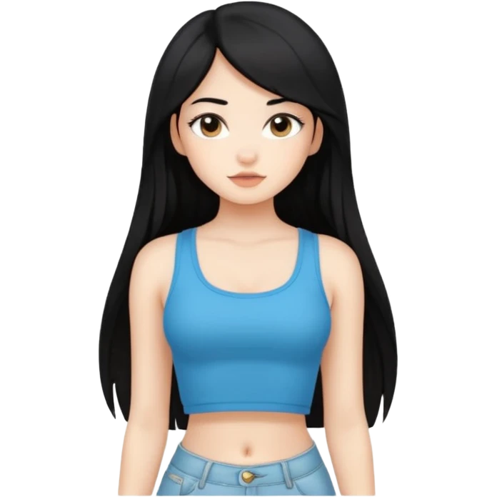a black hair cute girl with white skin and Extreme Plung Crop Top, Long hair emoji