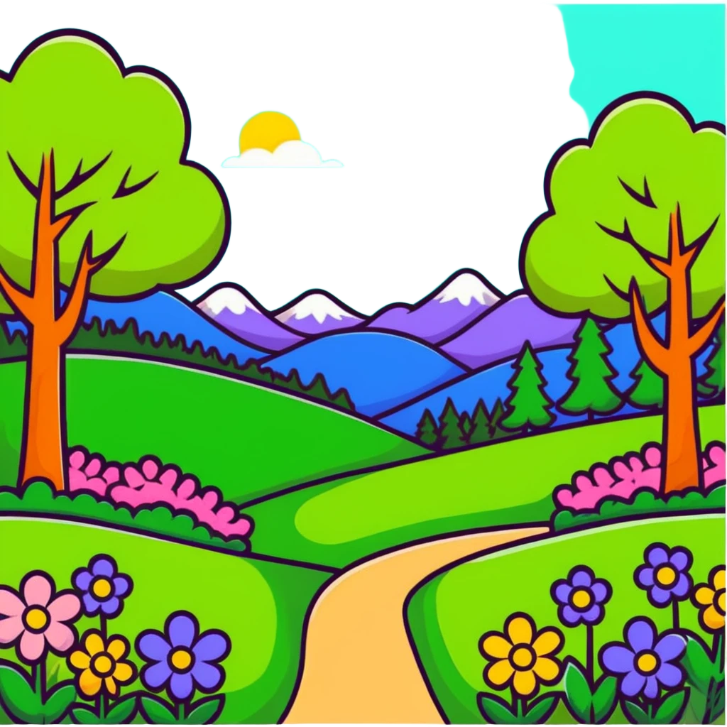 spring forest scene with colorful flowers and green trees in cartoon sticker style emoji