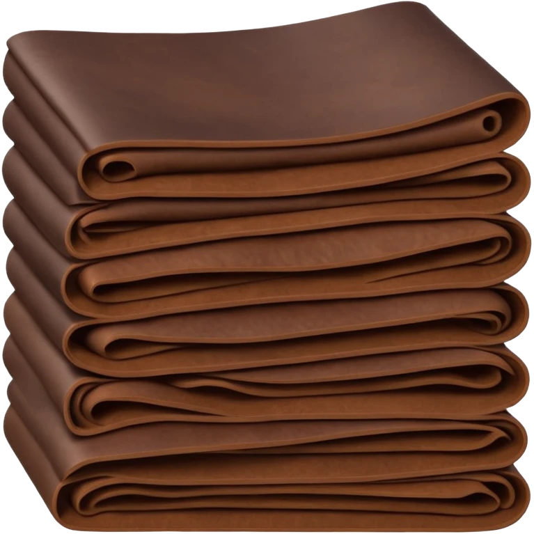 Apple-style 3D emoji of stacked folded sheets of leather fabric, soft but thick texture, dark brown or black, neat industrial look, shown like folded textile. emoji