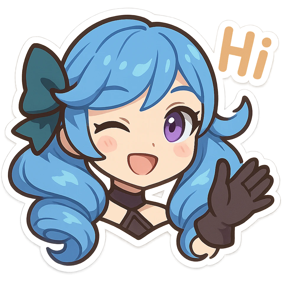 Gwen from League of Legends, chibi style, only head, right eye purple, one hand waving with glove, hi emote, winking, no text emoji