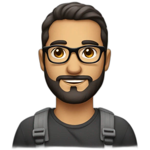 Hombre de 30 años con gafas y barba abierta con cabello negro y ojos color cafe con un gesto de asombro emoji