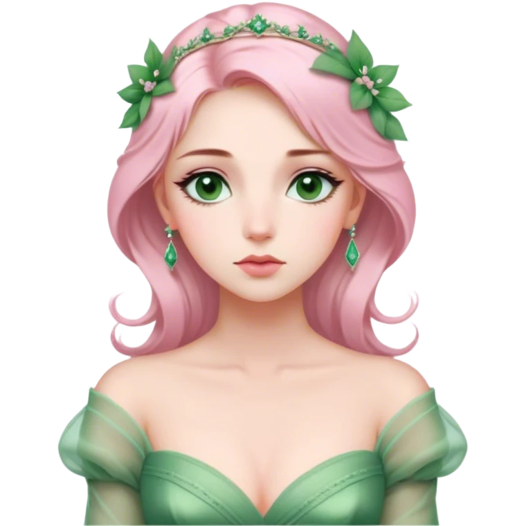 Cinematic Elegant Mulan Portrait Emoji, Dressed in her delicate green matchmaker gown, soft pink makeup, hair pinned perfectly, looking wistful yet radiant, eyes reflecting the depth of her spirit, capturing both her beauty and inner strength! emoji